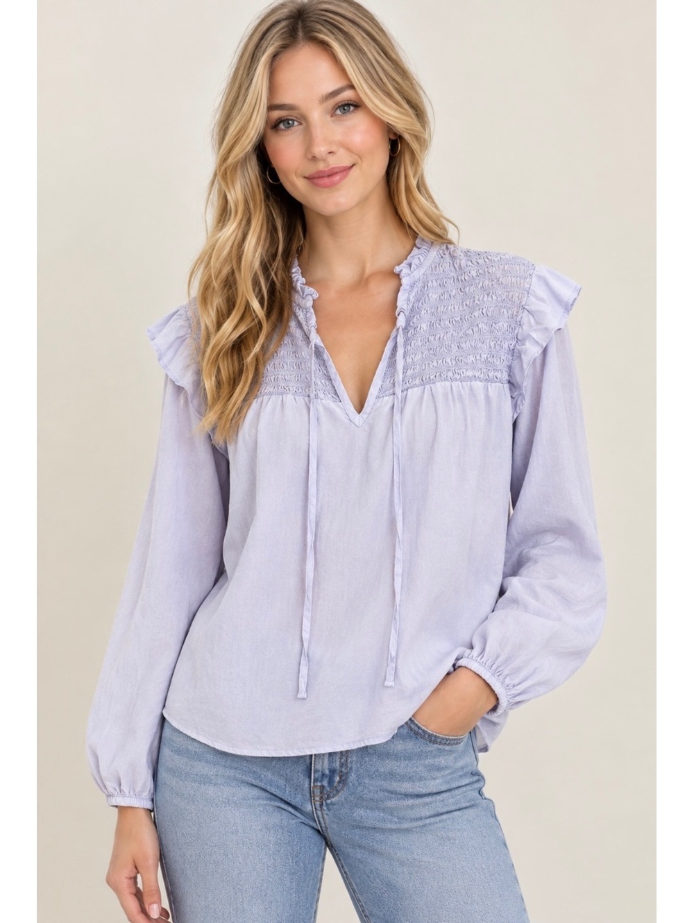 Bella Dahl Smocked Tie-Neck TENCEL Blouse Women’s Size S